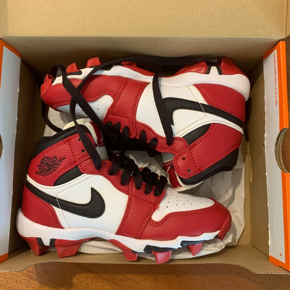 Nike Kids Red and White Air Jordan Cleats size 2Y